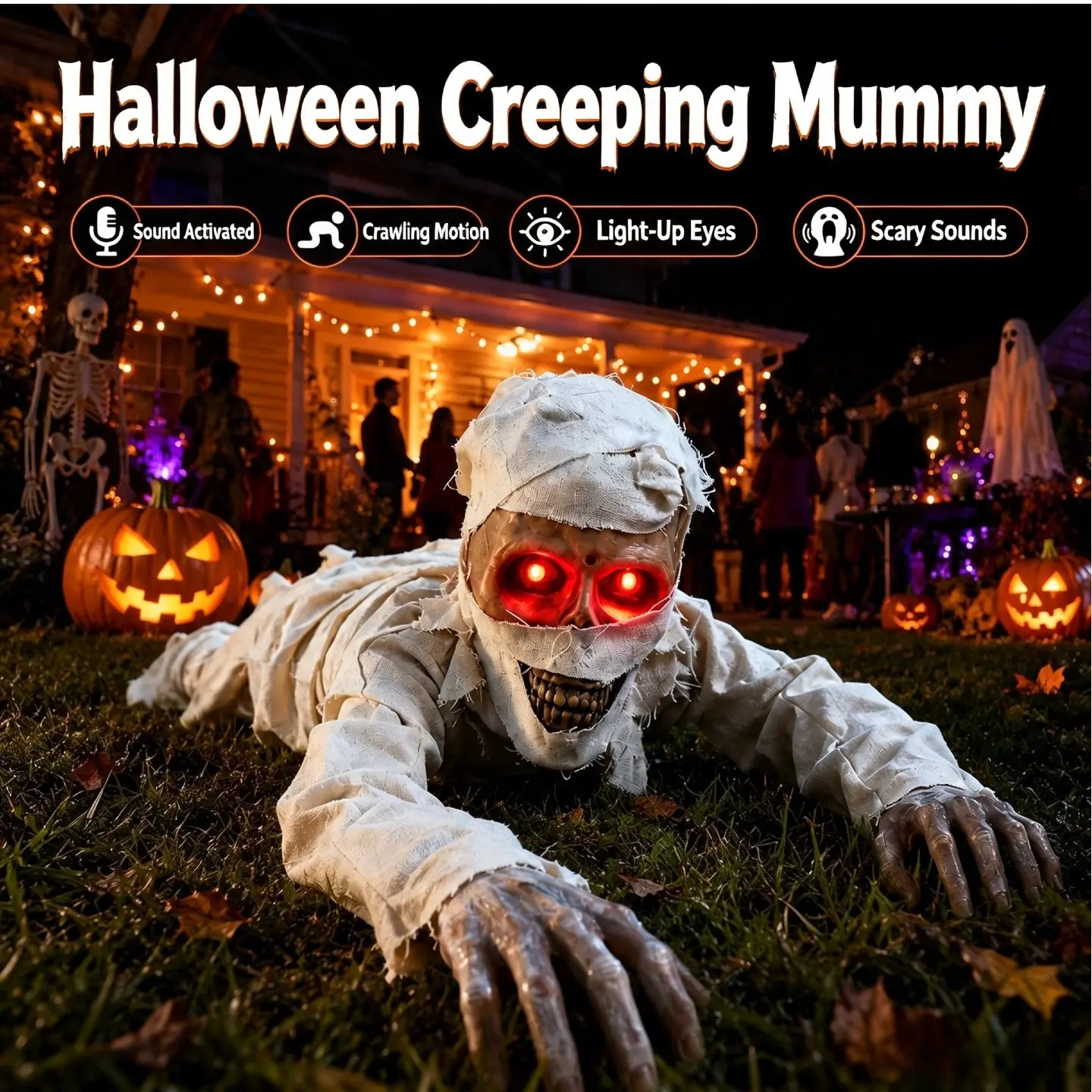 Electric Sound Activated Crawling Mummy Halloween Decoration, Animated Moving Zombie Horror Prop with Scary Sounds & Motion Effects, Haunted House Party Decor, Outdoor Yard Display, Trick or Treat Accessory