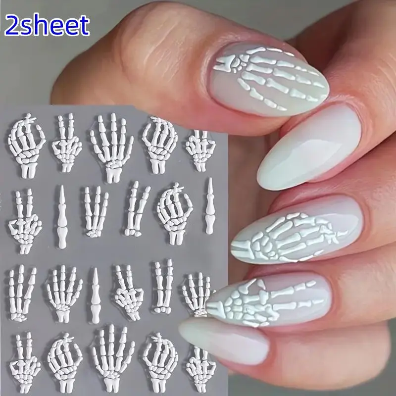 Halloween Nail Art Stickers, Self-Adhesive Skull Design, DIY Holiday Decoration, Flash Effect, 5D Embossed, Set of 2 Sheets