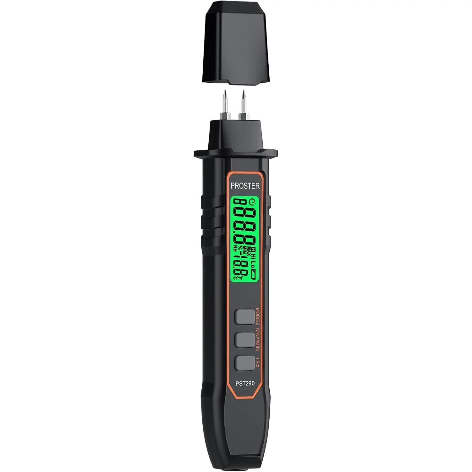 Proster Compact Pocket Wood Moisture Gauge with Detachable Pins - 3-Button Interface, 7 Pre-Calibrated Modes, 0.0%-54.8% Range, Built-In Temperature Sensor (℃/℉), Data Hold, 15-Min Auto-Off, Precision Tool for Woodworking, Lumber, Building Materials sohoc