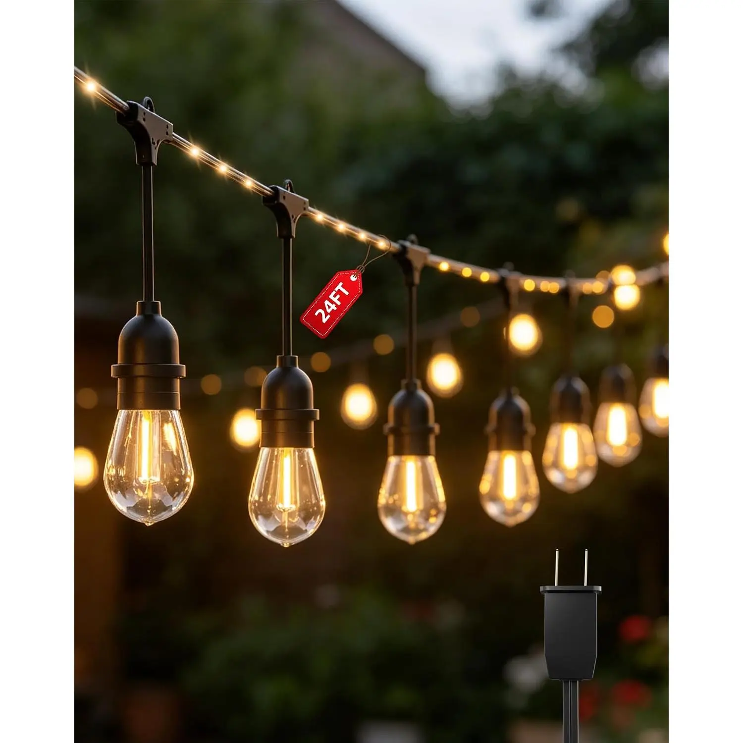 Outdoor String Lights With Lighted Tubing 24 ft, Commercial Grade String Lights with 13 (12+1spare) S14 Edison Bulbs & 72-LED Lighted Tubing, IP65 Waterproof Bistro Light for Patio, 2700K Warm White