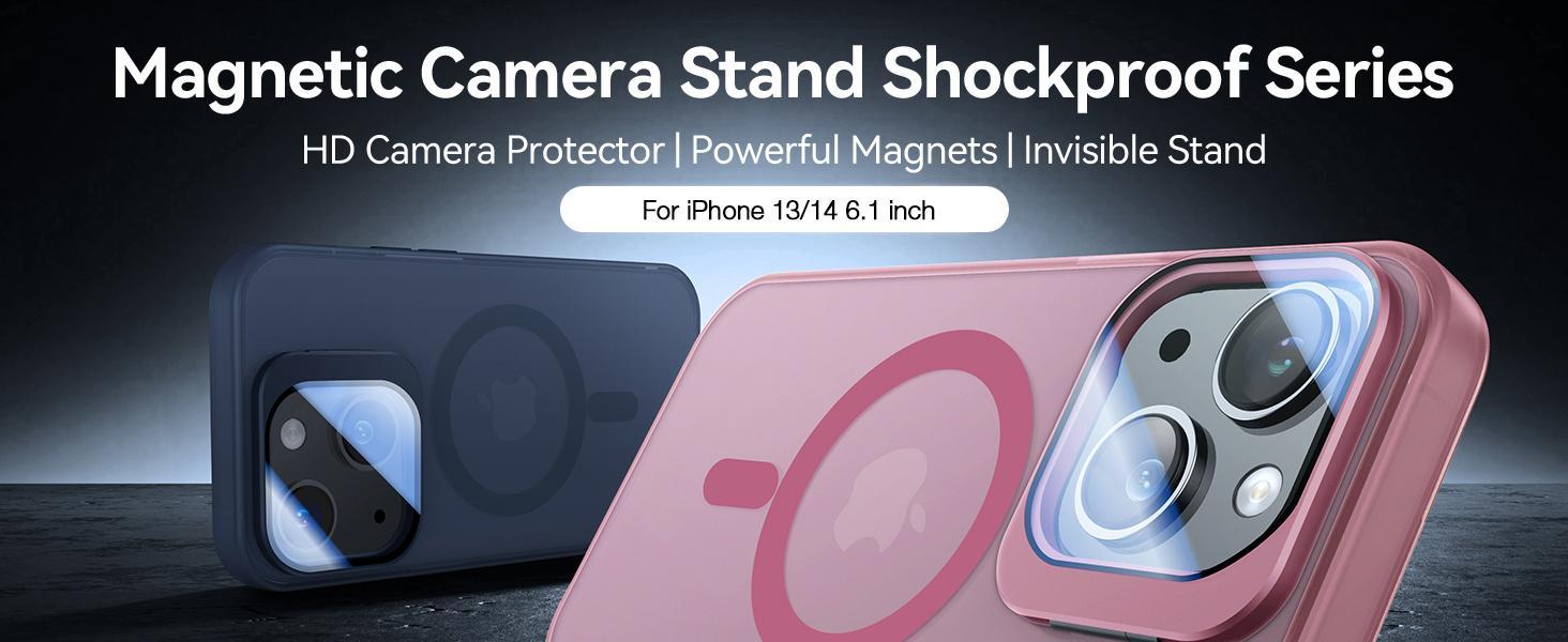 for iPhone 13 Case/iPhone 14 Case with Camera Cover Stand [Built-in 9H Camera Lens Protector][Fit for Magsafe] Military Grade Shockproof Translucent Matte Magnetic Phone Case 6.1",Pink