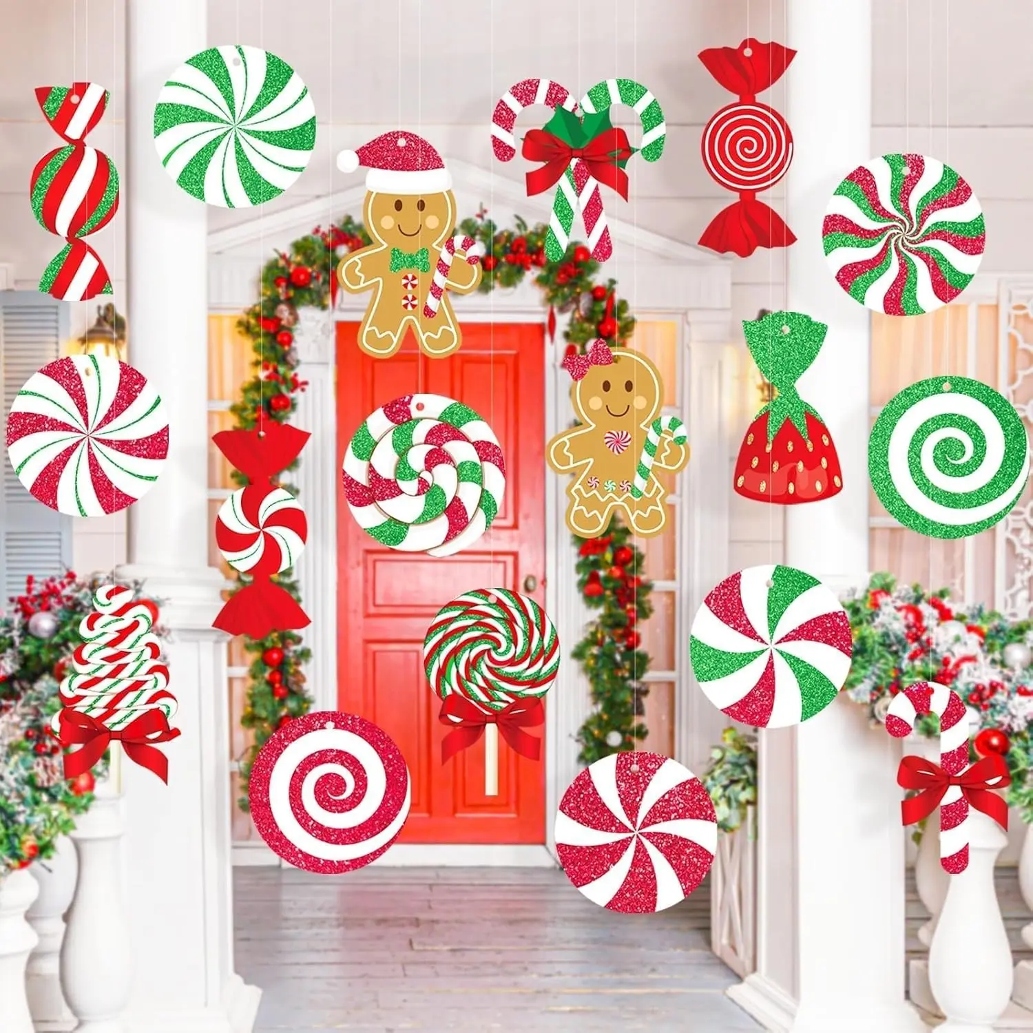 Christmas Outdoor Decorations Large Hanging Candy Gingerbread Ornaments, 18pcs Plastic Waterproof Candy Cane Sweets Gingerbread Man Lollipop Yard Porch Christmas Tree DecorGift