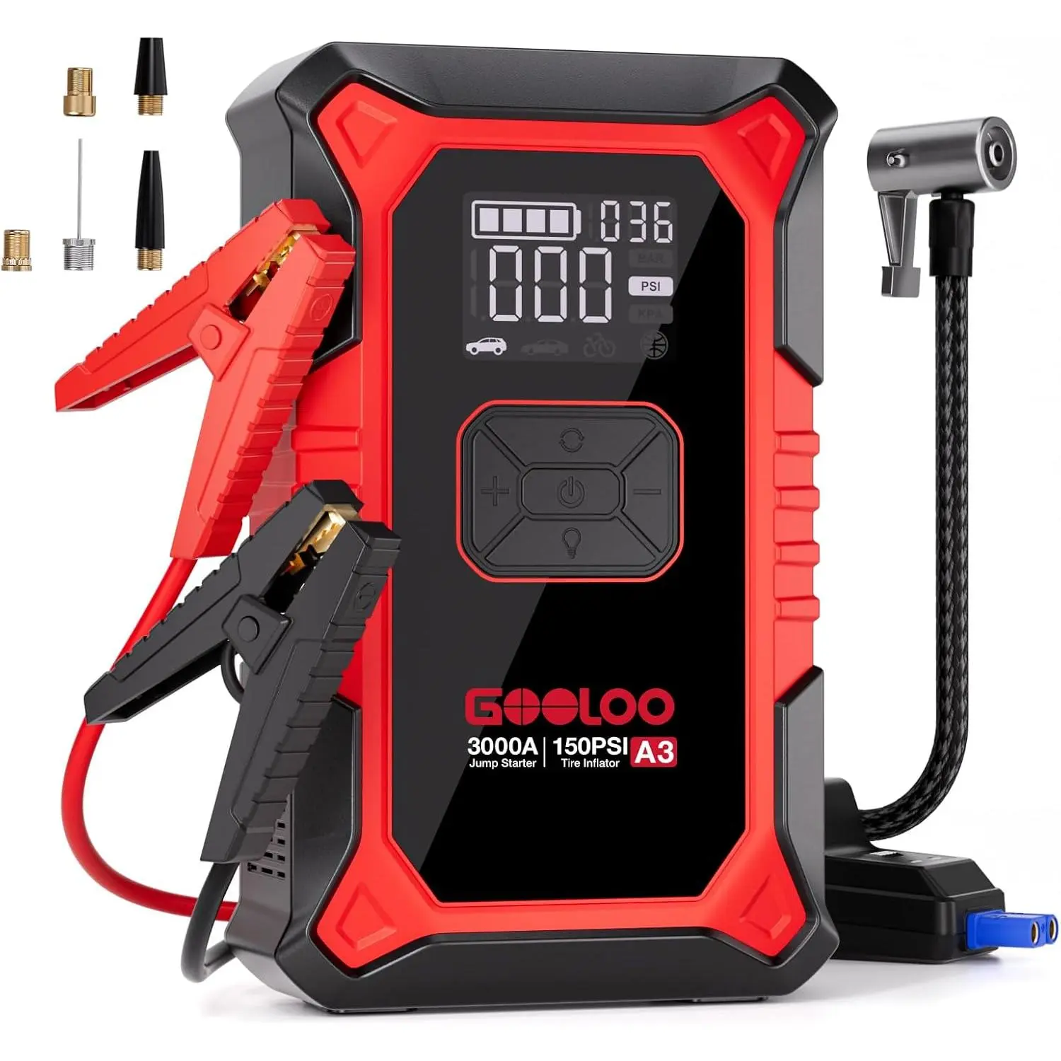 A3 12V 3000A Portable Jump Starter with Air Compressor | Supersafe Car Battery Booster Pack (9L Gas/6.5L Diesel) - BOOST for Dead Battery - 150 PSI Auto-Off Tire Inflator - LED Light home decor