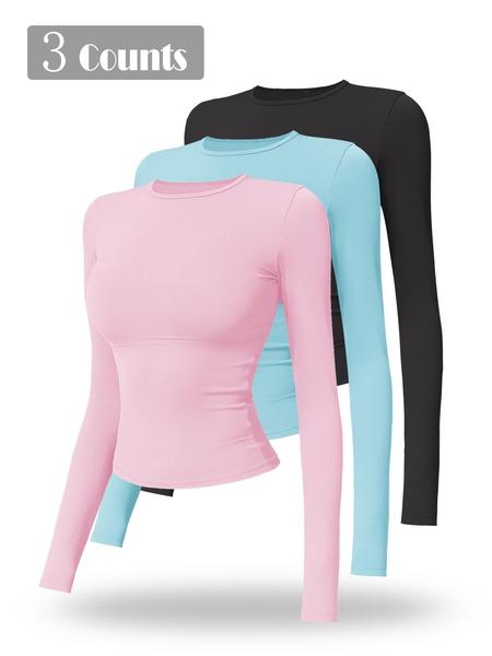 Women's Solid Long Sleeve Sports Tee, Sporty Round Neck T-shirt for Yoga Gym Workout Running, Ladies Sportswear for Spring & Fall, Gym Performance Top