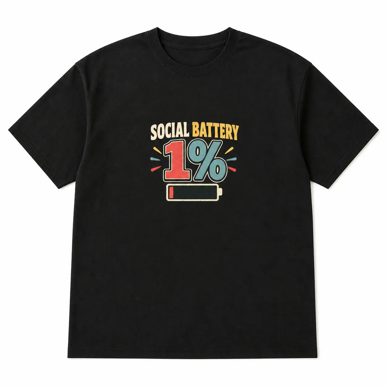 Classic Social Battery Graphic Tshirt, Unisex Original Cotton Casual Tee, Shortsleeve Streetwear Top for Layering with Jackets, Cold Water Wash, Round Neck, Menswear, T-Shirt, Cotton Fabric
