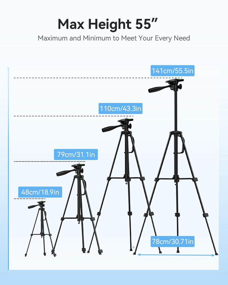 EMEET 55'' Camera Tripod, Travel Floor Tripods Compatible with Cell Phones, Cameras, DSLR and Gopro, for Video Recording Photos Vlogging，with Phone Holder and Travel Bag Smartphone, FathersDayGift