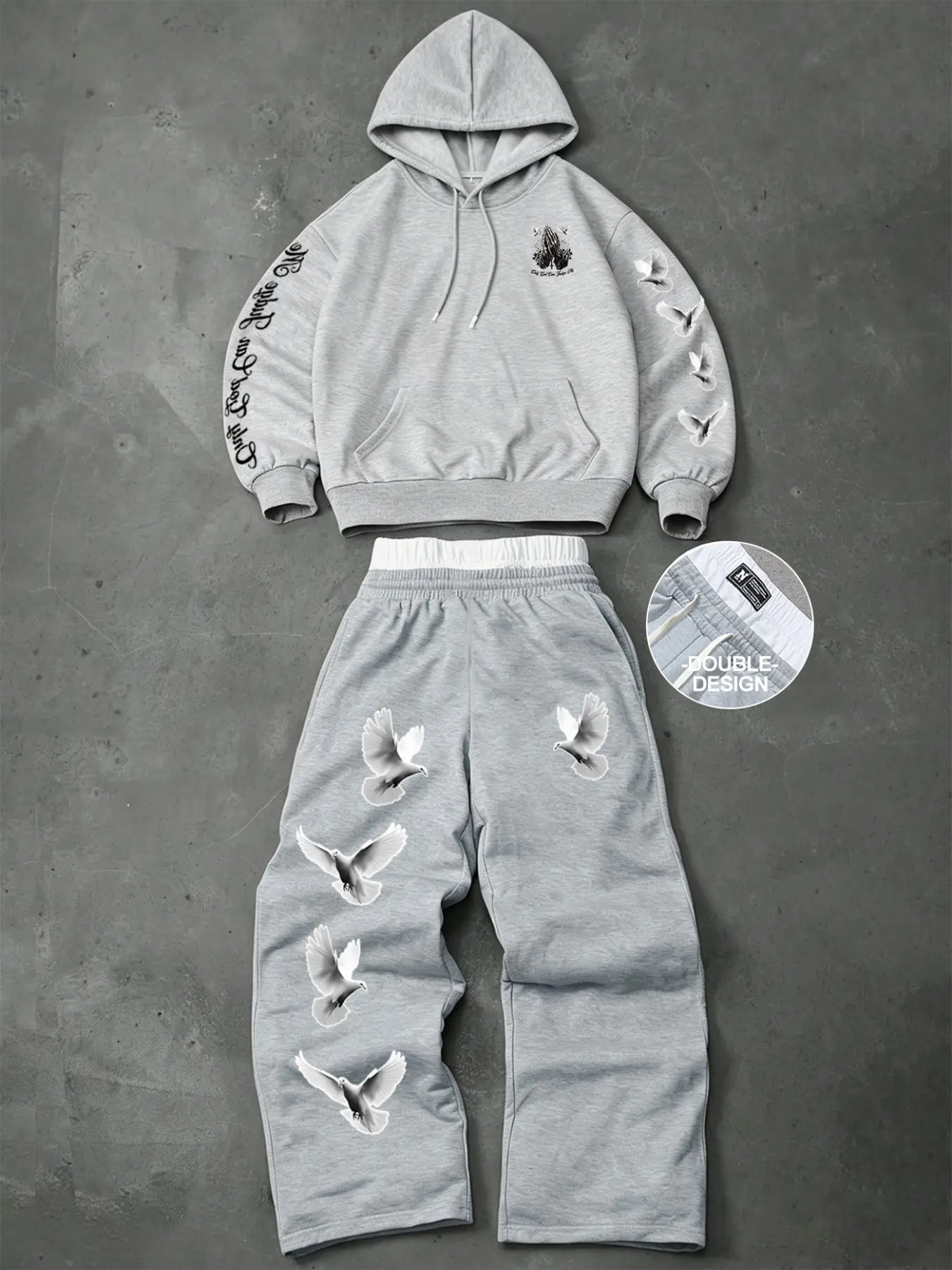 Men 2 Piece Streetwear Hoodie Matching Sets Dove Bird Print Long Sleeve Hoodie Vintage Y2K Aesthetic Black Oversized Baggy Sweatpants White Contrast Double Layer Waistband Soft Fleece Fabric Daily Campus Street Shooting Weekend Travel Gym Casual Outfit Tr