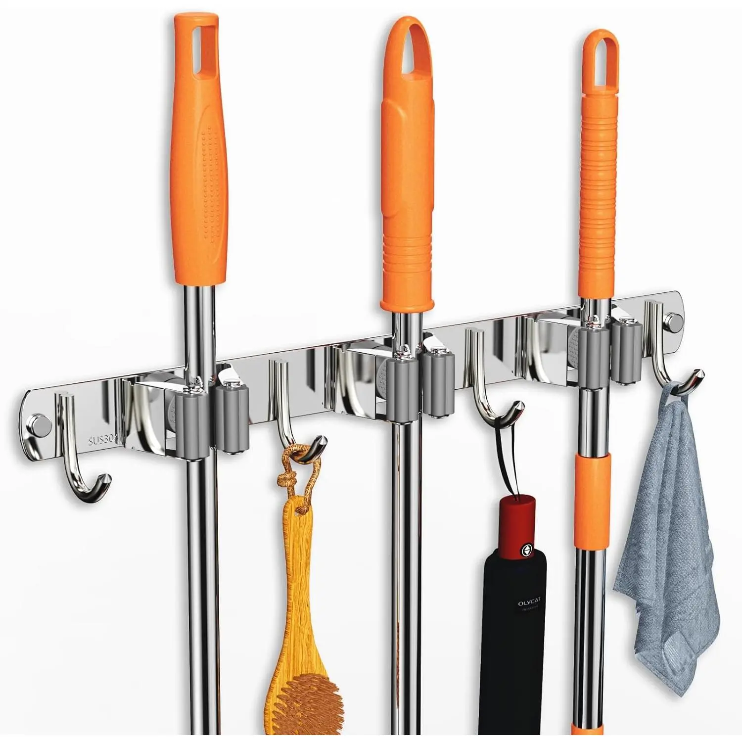 Mop and Broom Holder Wall Mount, Upgraded Broom Organizer Wall Mount, Stainless Steel Broom Hanger Wall Mount for  Kitchen Garden Laundry Garage (3 Racks with 4 Hooks)