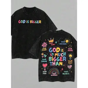 GOD IS BIGGER - GOD IS GOOD Aesthetic Jesus Saves T-Shirt Washed, Streetwear Shirt For Men Jesus Apparel Christian, Back To School Outfits Bible Verse Church Outfit Gym Pump Covert Shirt For Men