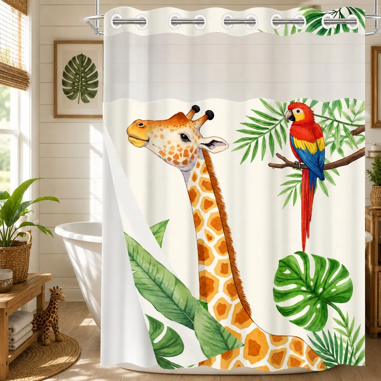 1Pc Hookless Double Layer Shower Curtain Set, Giraffe Parrot & Tropical Leaf Print, Snap-In Waterproof Mildew-Resistant Liner, Fabric Outer Curtain with Sheer Viewing Window, 71×74 Inch, Machine Washable, for Home, Apartment and Hotel Bathrooms