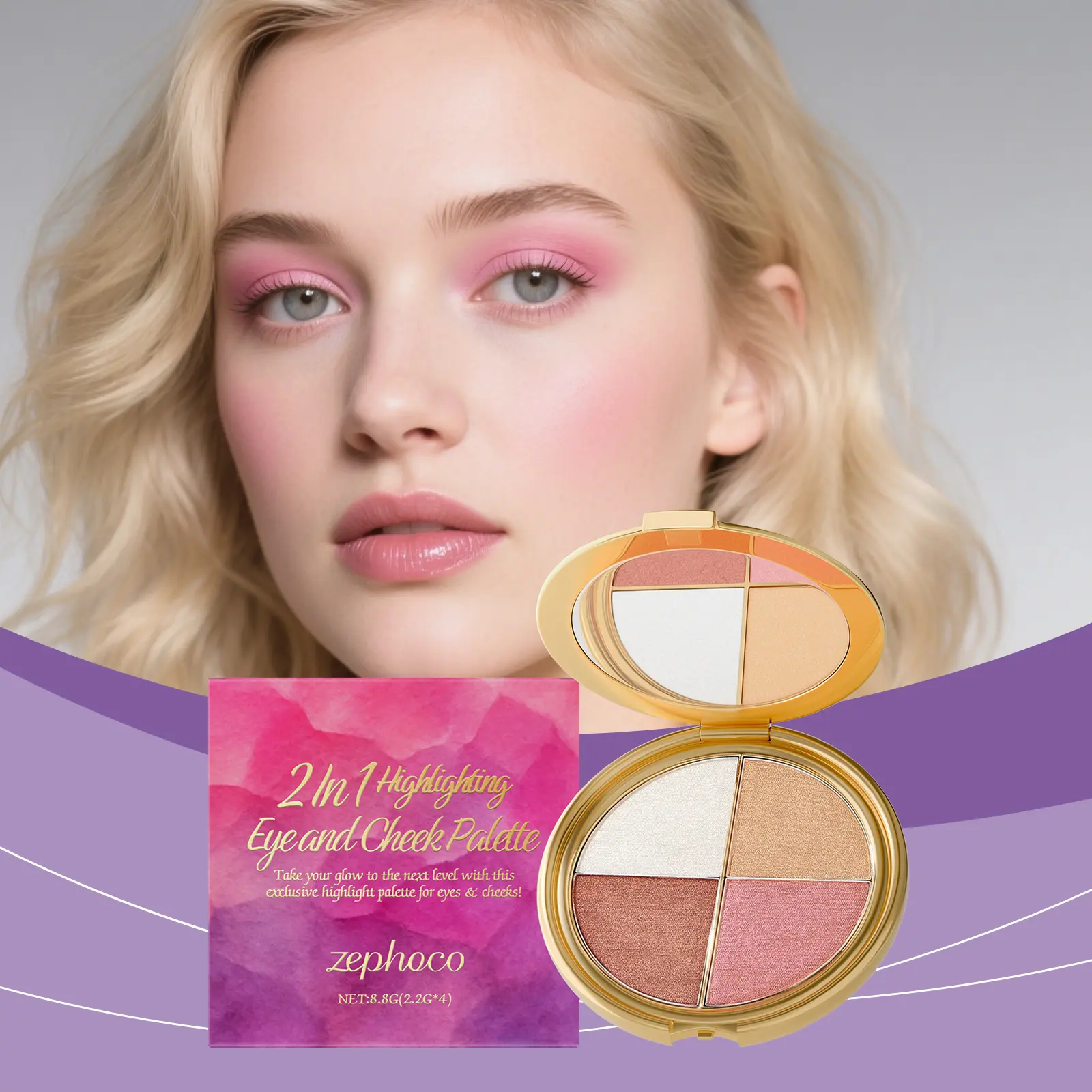 Highlighter, eyeshadow, and blush palette - a portable, natural makeup palette for everyday use, suitable for both eyes and cheeks