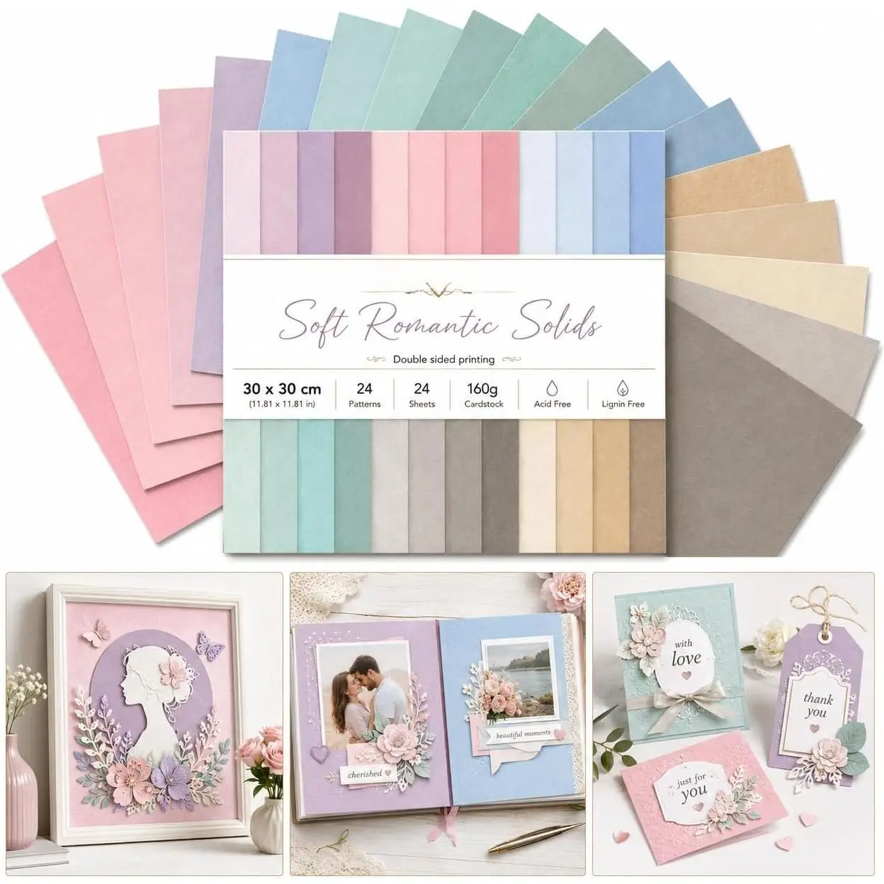 12x12 Scrapbook Paper Pad "Soft Romantic" – 24 Sheets Double-Sided with Faux 160gsm Aesthetic Patterned Papers in Muted , Lavender & Sage. Acid-Free for Wedding,  Girl Album & Paper