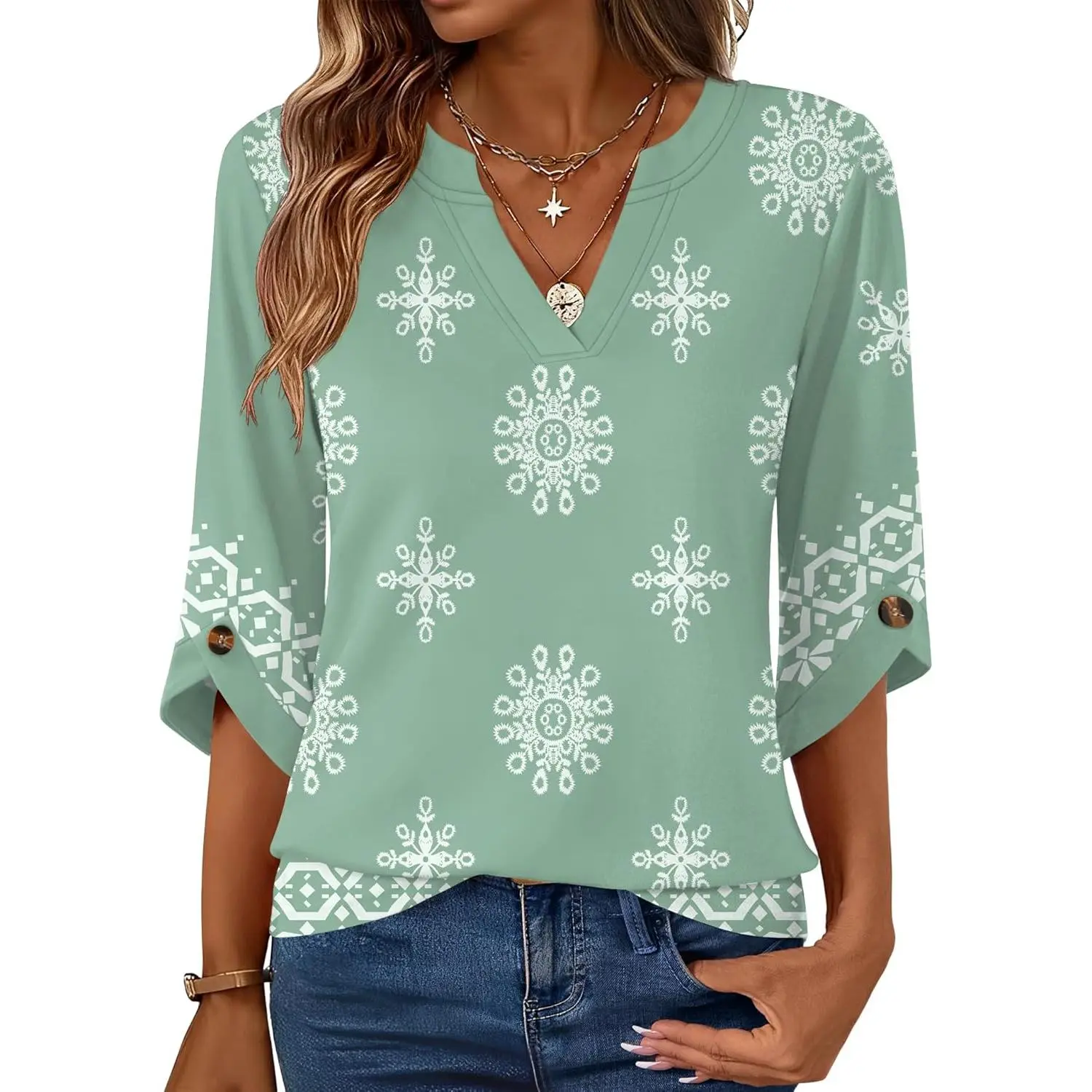 Womens 3/4 Length Sleeve Tunic Tops Dressy Casual V Neck Shirts Trendy Flowy Tees