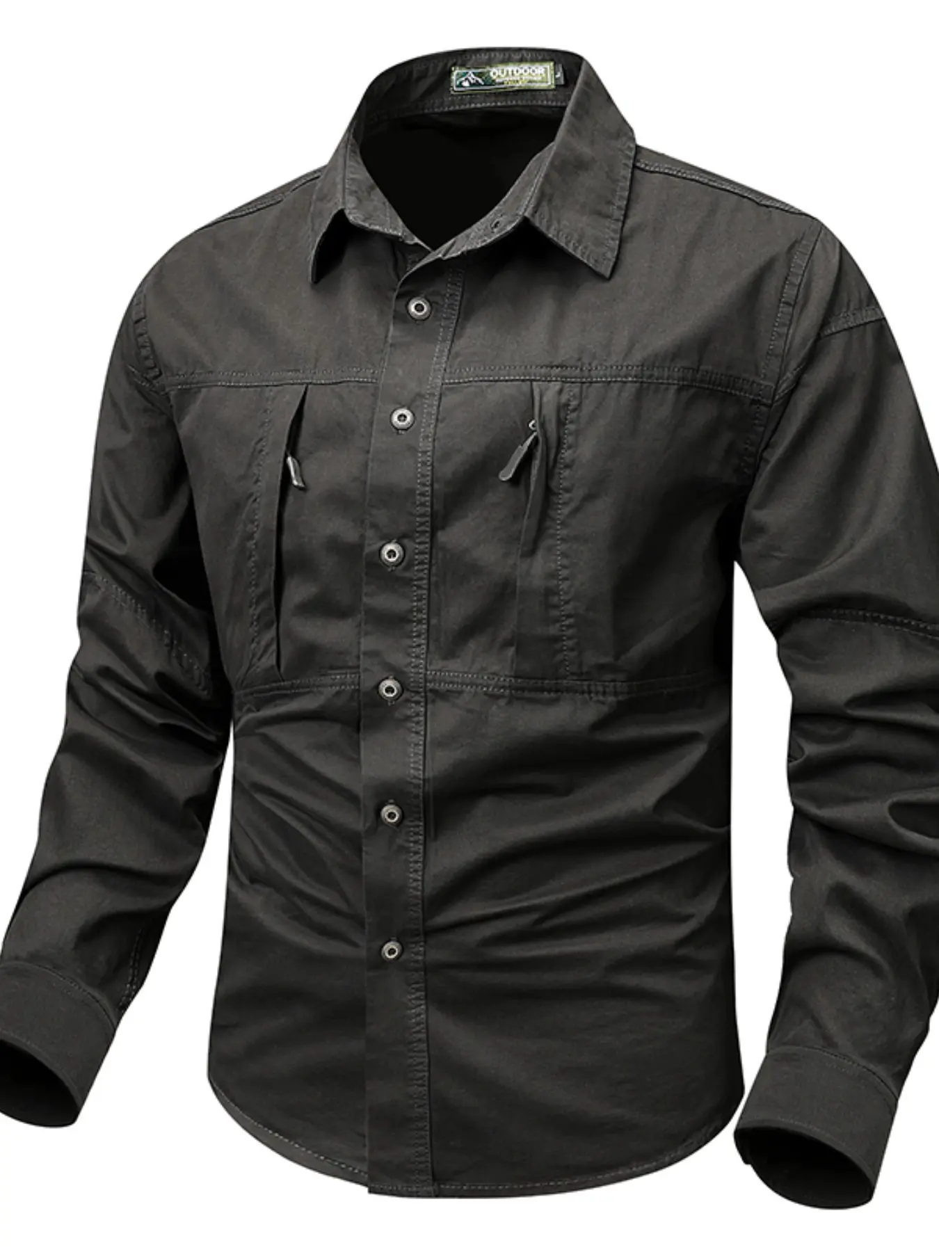 Men's Autumn Plain Zipper Pocket Cardigan Shirt, Casual Slim-Fit Long Sleeve Outerwear, Fishing Sports Leisure Collar Top