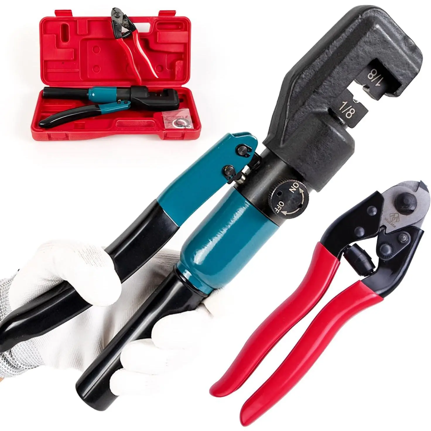 Custom Hydraulic Cable Railing Crimping Tool Kit with 1/8" Stainless Steel Cable Railing Kit, Wire Rope Swaging Tool & Wire Cutter (CR09 CK12), 1/8" Cable Railing Kit