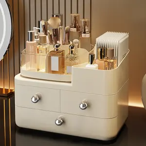 1 piece 3-layer large-capacity cosmetic storage box - portable cosmetic case with drawers, durable plastic design for vanities, bathrooms and tabletops - storage for lipsticks, skin care products, brushes, sturdy construction, smooth surface, metal knobs