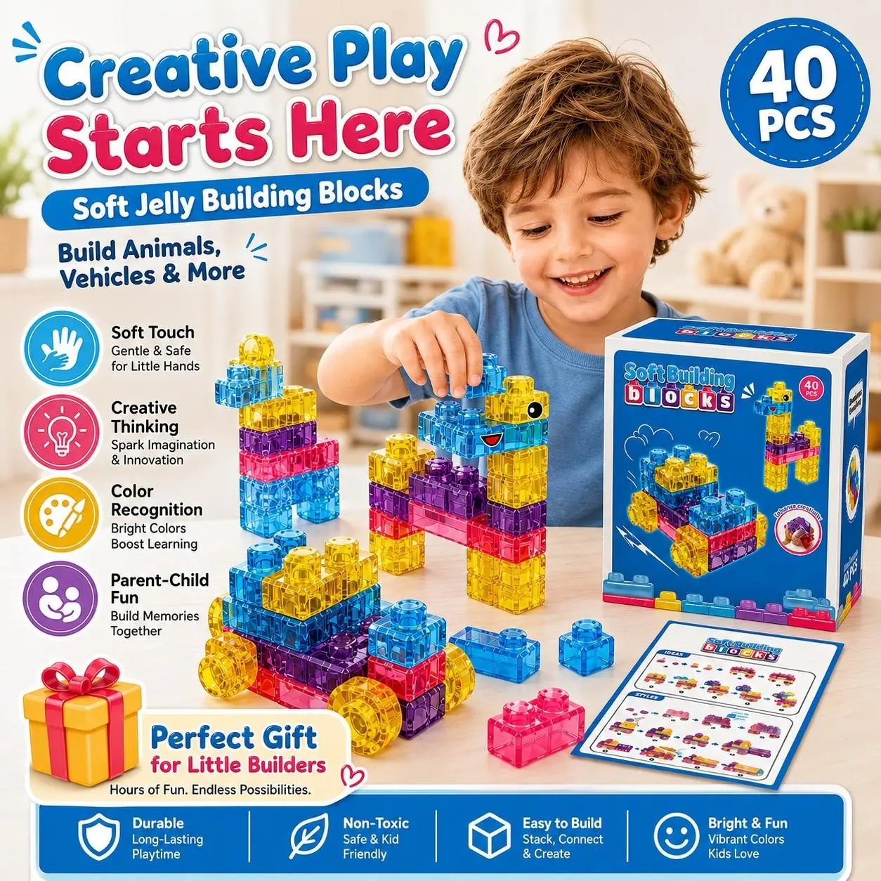 40PCS Soft Jelly Building Blocks for Kids, Transparent Sensory Stacking Toys, Soft Construction Blocks, STEM Educational Building Toys Suitable for Boys and Girls