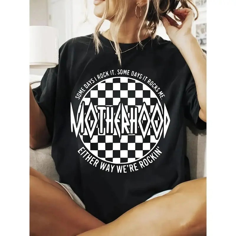Women's Oversized Short Sleeve Crew Neck Retro Heavyweight Soft Cotton Streetwear Top, All Seasons Basic Tee, Checkered Bold Graphics & 'MOTHERHOOD' Slogan, Casual Edge-Adding Short Sleeve Tops