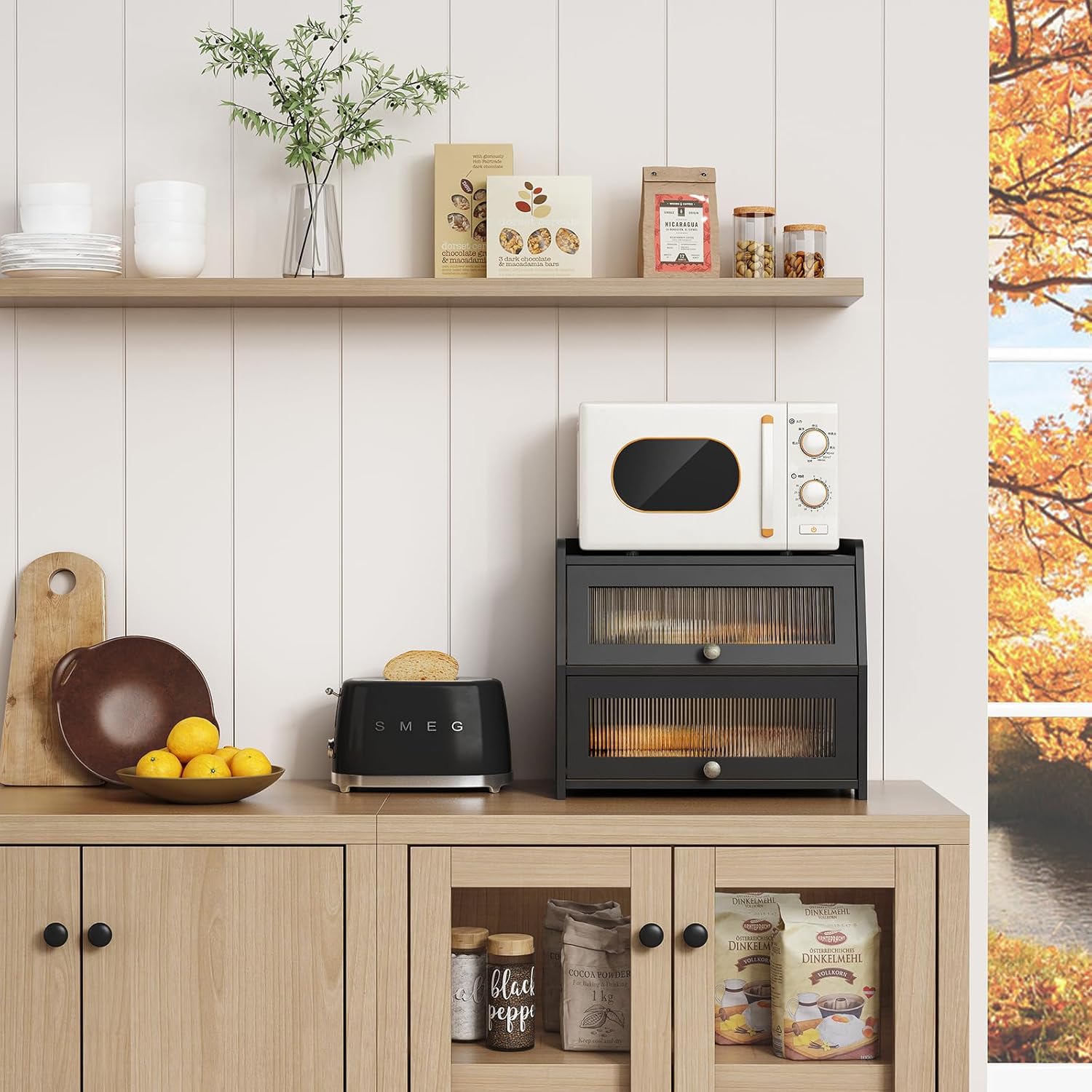 Large Bread Box for Kitchen Countertop, Black Bread Storage Container for Homemade Bread, Double Layer Farmhouse Breadbox Organizer for Kitchen Counter Cabinet, Pantry, Cupboard (Black)