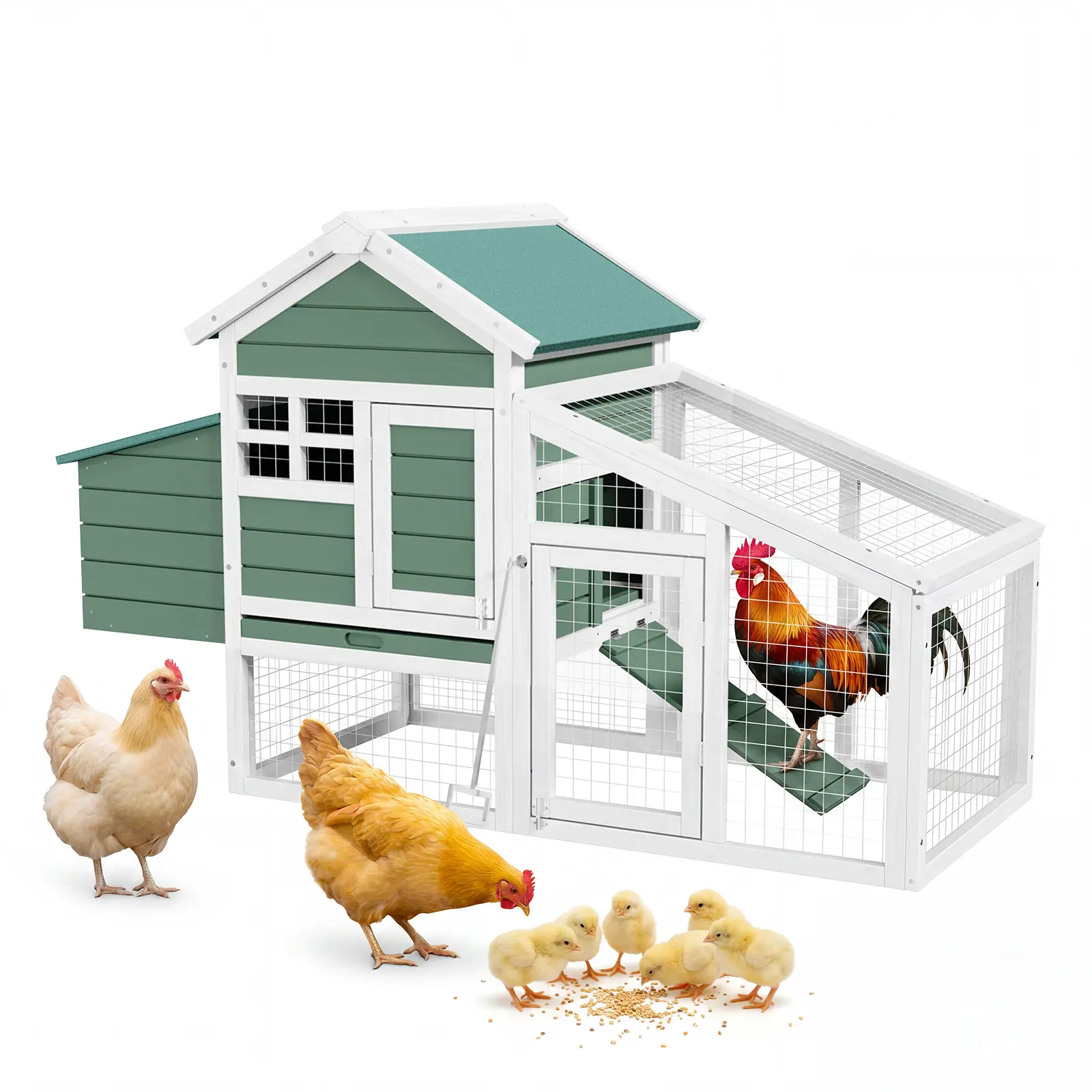Outdoor Wooden Chicken Coop with Nesting Box, Waterproof Asphalt Roof & Pull-Out Tray, Predator-Proof Hen House for Quail & Ducks, Backyard