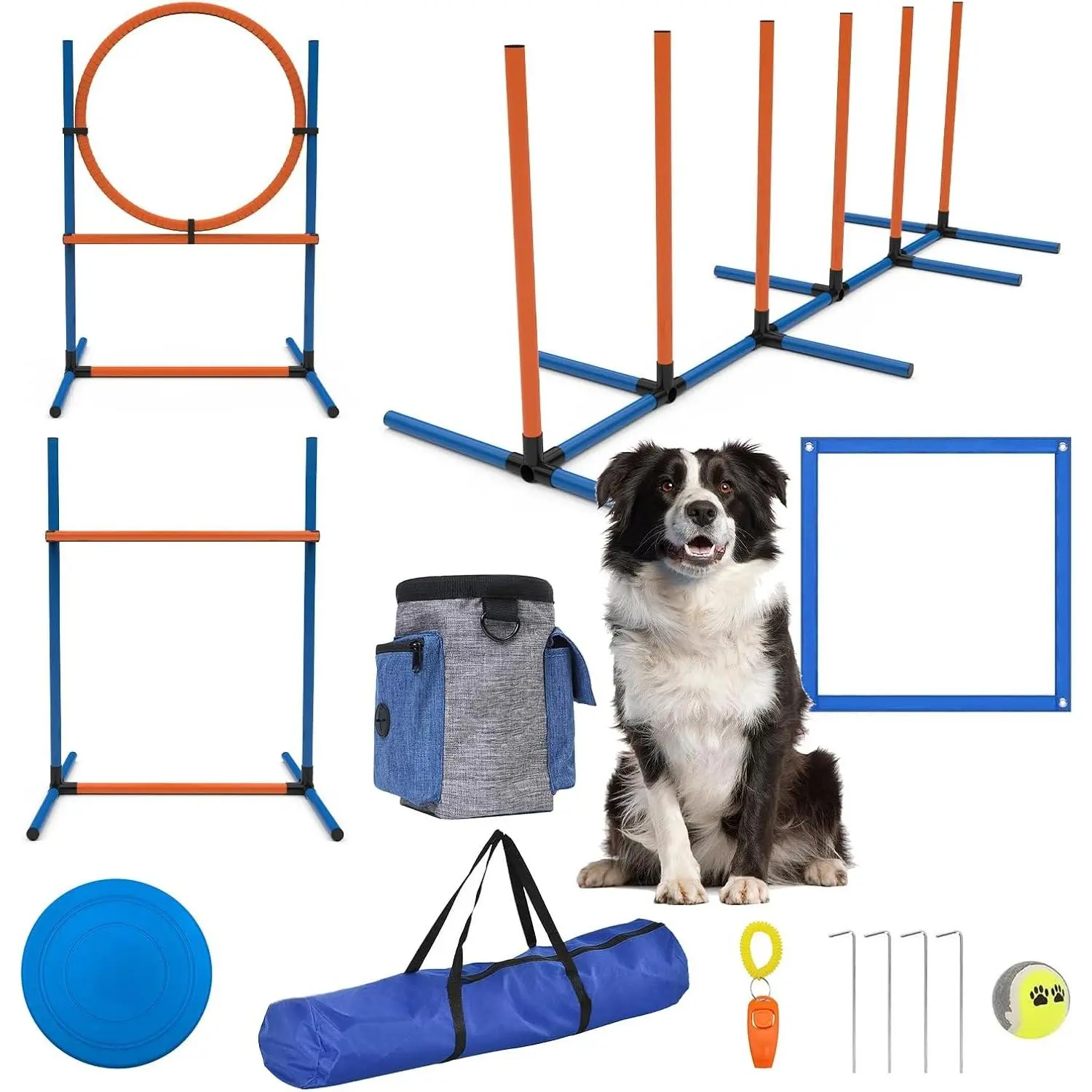 4-Set Dog Agility Training Equipment - Adjustable Hoop, Jump, Weave, Blind Poles & Pause Box for Outdoor Skill Building, Universal Fit Pet Obstacle Course