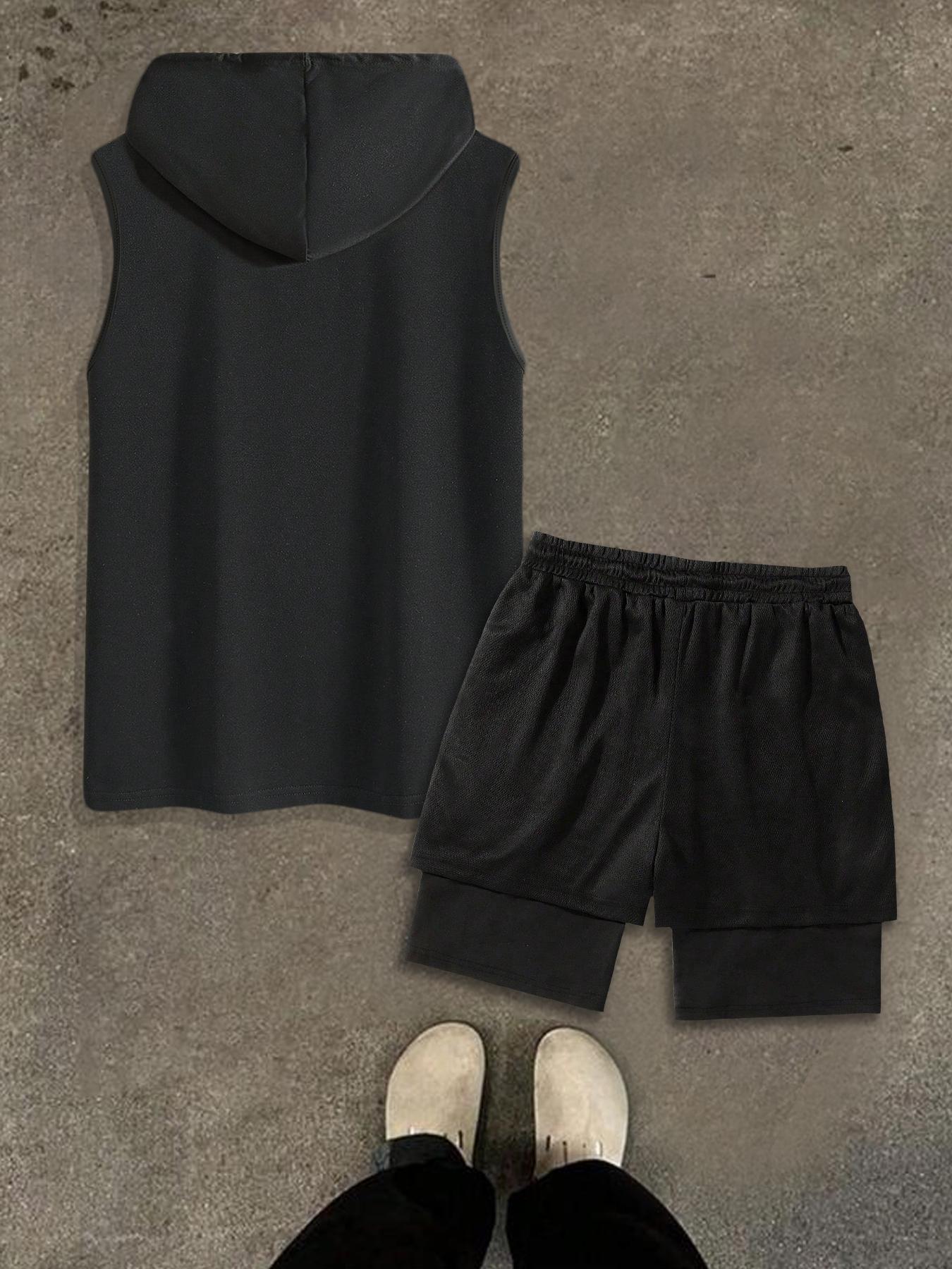 Hooded Vest and Gym Shorts Two-Piece Set, Casual Summer with Letter Pattern, Fitted Knitted Sportswear for Active Lifestyle, Sportswear Running Fitness, Workout Running Clothes, Streetwear Tracksuit Set