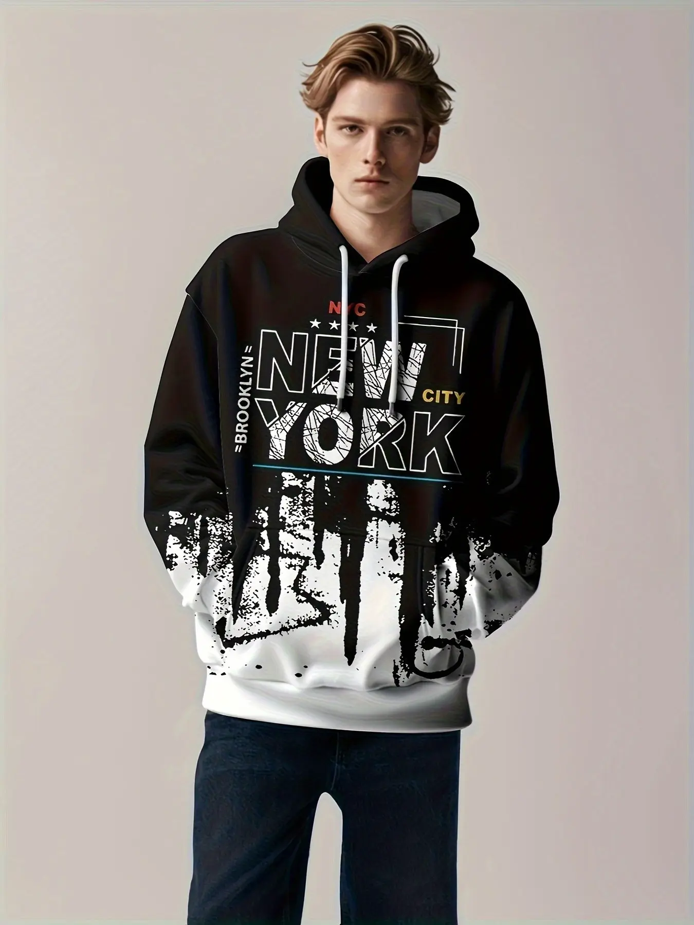 New York City Print Hooded Sweatshirt, Unisex Loose Fit Pullover, Fall & Winter Fashion Outerwear, Long Sleeve Graphic Top