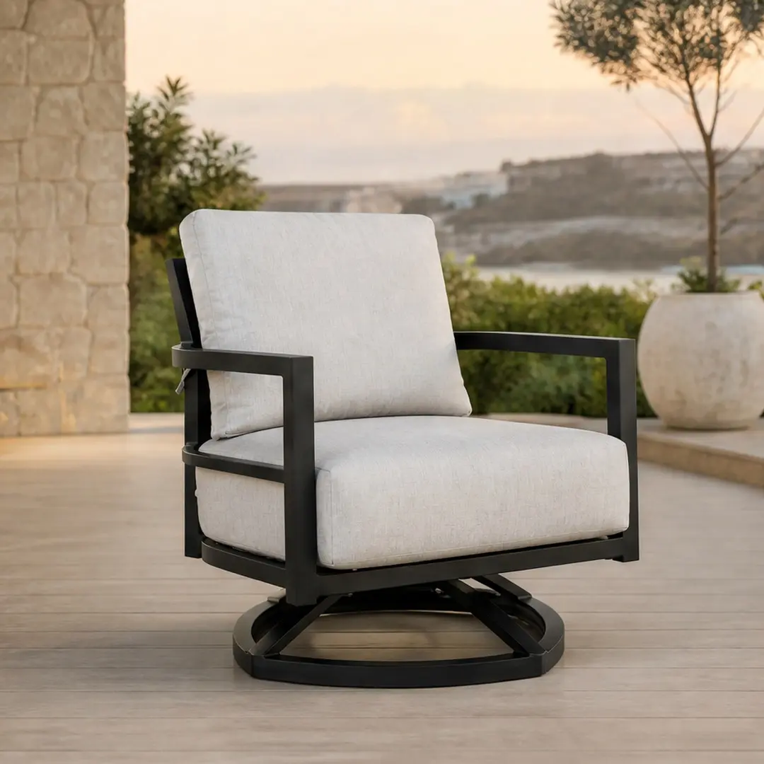 ARCH Modern Outdoor Swivel Lounge Chair with Sunbrella Cushion, 360° Rotation Aluminum Frame Patio Chair, Ergonomic Backrest Boat-Shaped Base, Weather-Resistant Rust-Free Garden Deck Chair for Outdoor Relaxation, Aluminium/Ember Black/Modern/Sintered