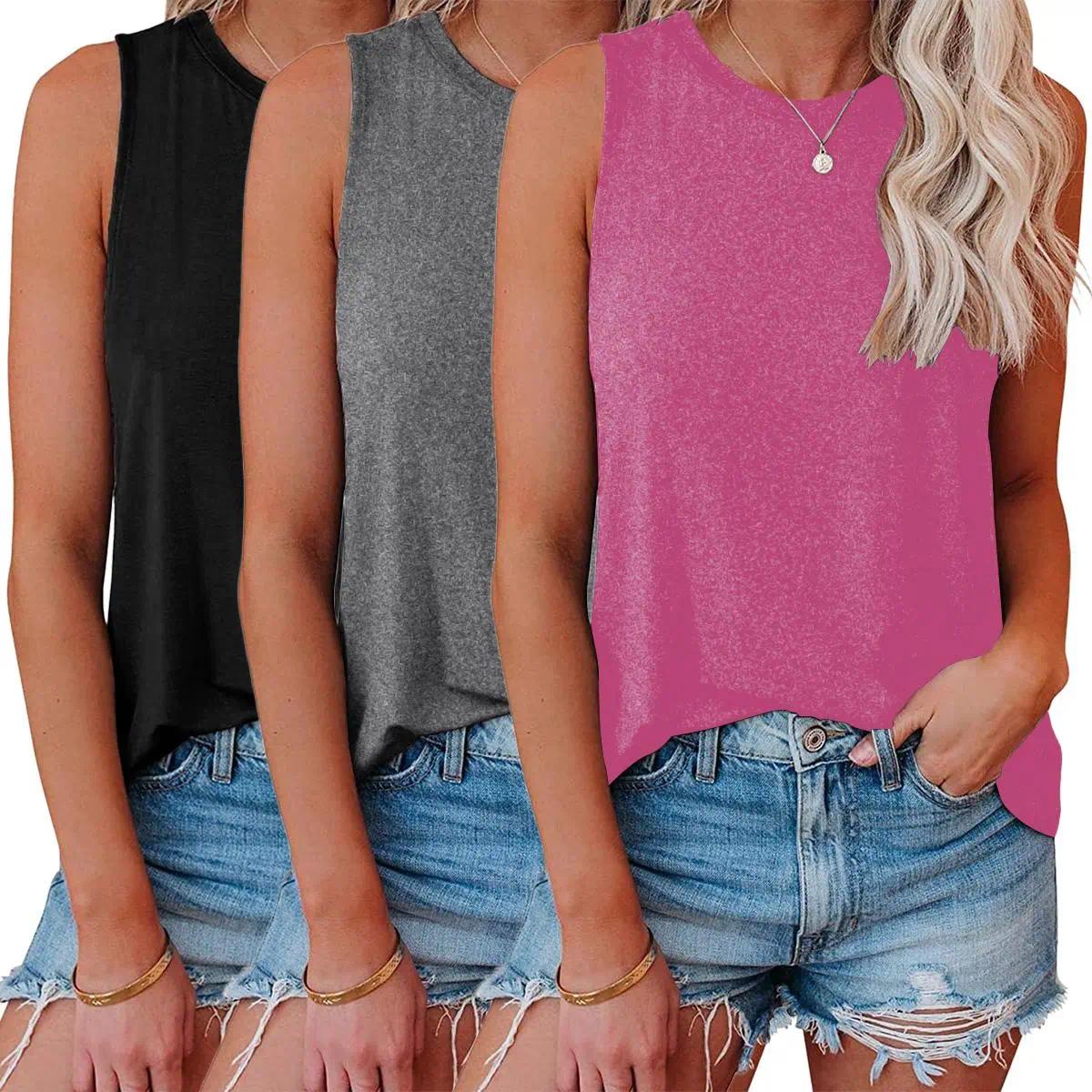 3PCS Summer Tank Tops for Women Plain Round Neck Sleeveles T Shirts Loose Breathable Workout Racerback Tank Tops Soft Polyester Solid Color