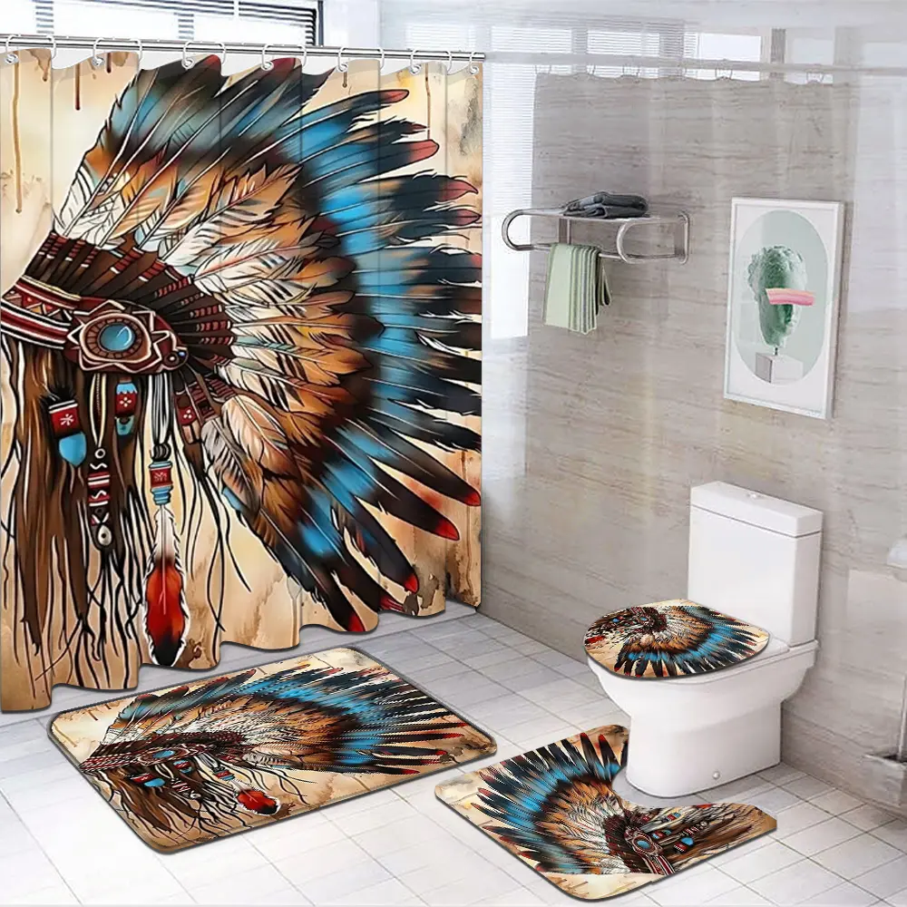 1/4pcs Tribal Feather Shower Curtain Set, Blue and Beige Southwestern Bathroom Decor, Accessories with Bath Mat, U-shaped Mat, Toilet Lid Cover, Shower Curtain Includes Hooks, Artistic Headdress Design, Home Decor, Bathroom Accessories.