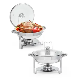 5QT Stainless Steel Chafing Dish Buffet Set, Round Food Warmer and Cooler with Clear Glass Lid, Professional Catering Chafers and Buffets Warmers with Fuel Holder for Weddings Parties Banquet Hotel