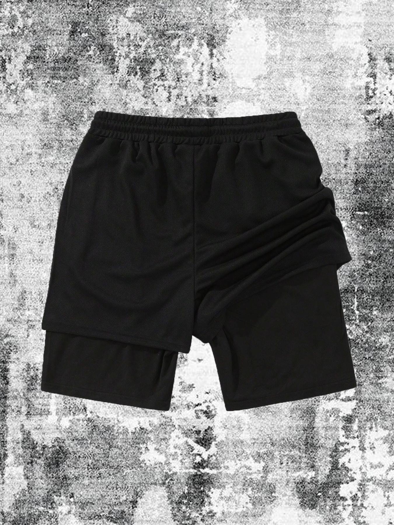 Men's 2 in 1 Graphic & Letter Print Drawstring Waist Shorts, Regular Fit Casual Quick Drying Breathable Shorts for Gym Workout Running, Men's Bottoms for Spring & Fall