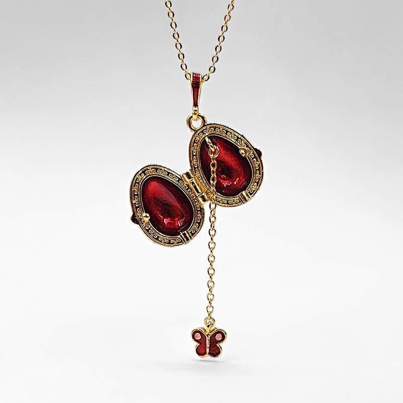 Surprise Butterfly Locket Necklace, Pink Enamel Cherry Egg Pendant, Openable Jewelry with Secret Charm Inside, Gold Tone Boho Aesthetic Accessory, Unique Gift