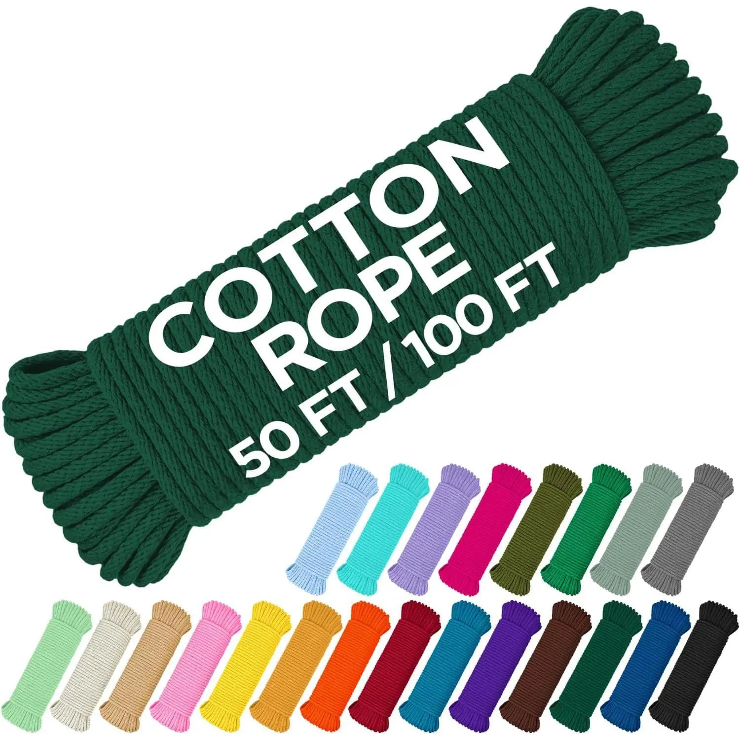 Cotton Rope 3/16" (5 mm) – 100 FT – All-Purpose Braided Rope – Natural Cotton – for Crafting, Camping, Clothes Line, DIY, Indoor & Use – Dark Green