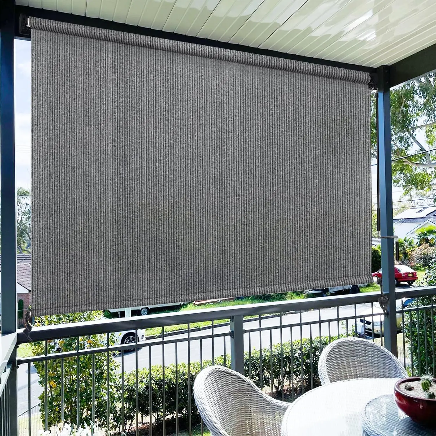 Outdoor Roller Shades, 220GSM HDPE Exterior Cordless Patio Shades Roll Up Outdoor Blinds for Porch 6'(W) x 8'(H), Spliced of Two Sections, Grey