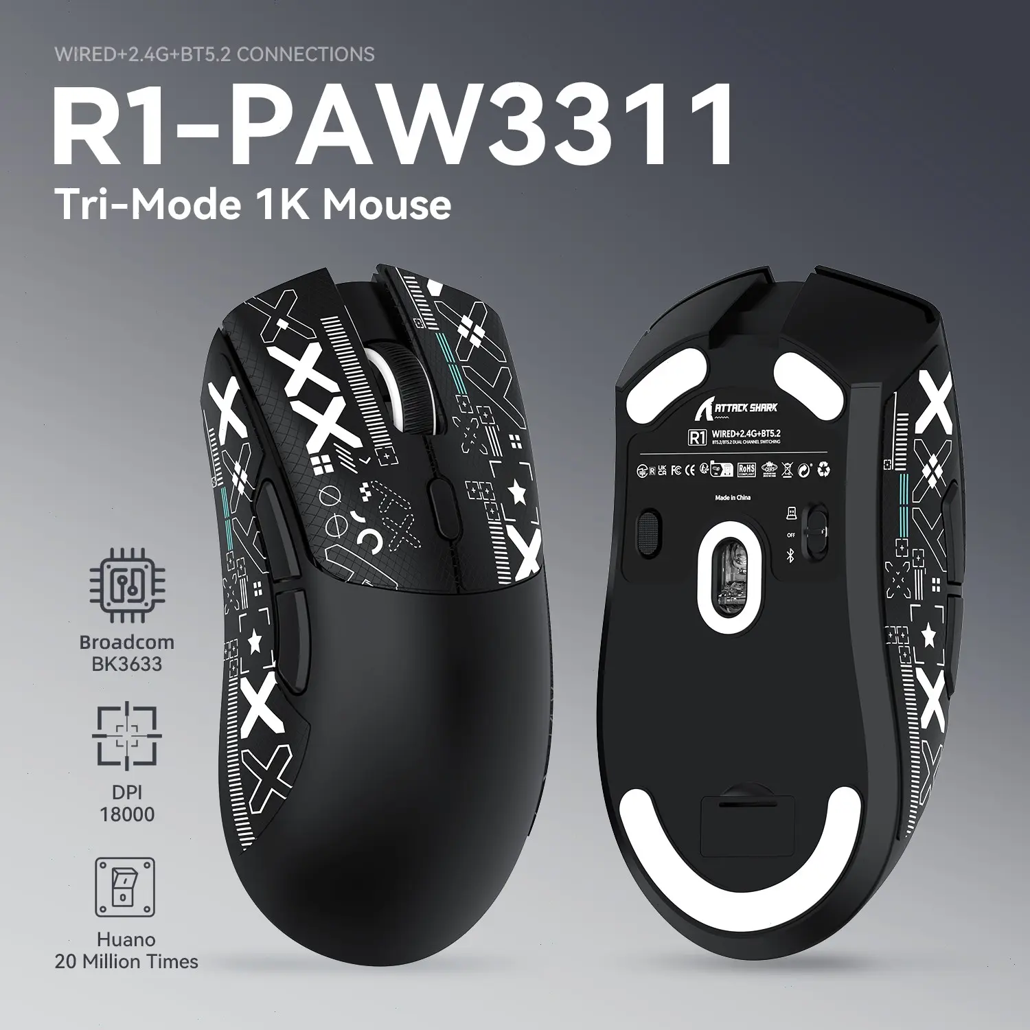ATTACK SHARK R1 59g SUPERLIGHT Mouse, PixArt PAW3311 Gaming Sensor, BT/2.4G Wireless/Wired Gaming Mouse, 6 Adjustable DPI up to 18000, 65 Hrs Battery, G502, Office Mice for Win11/Xbox/PS/Mac