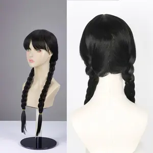 Double Ponytail Braided Wig For Wednesday Wigs Halloween Gothic Costume Braids Anime Double Black synthetic Braided With Bangs