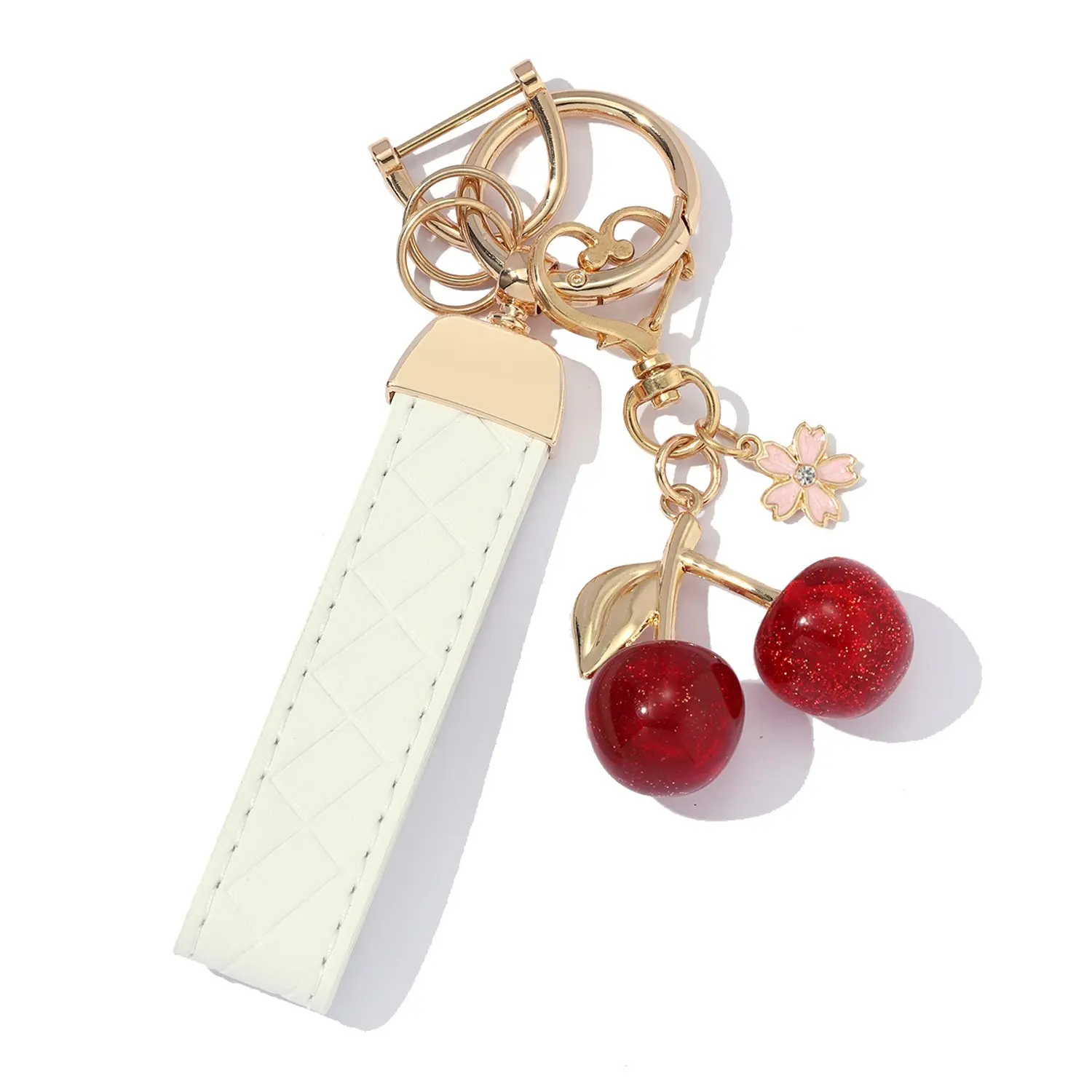Luxury Rhombus Pattern Leather Keychain with Cherry Blossom Pendant, Versatile Elegant Gift Accessory for Festive Occasions