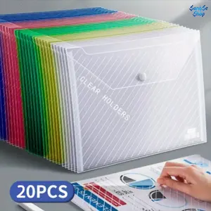 20pcs Clear A4 File Bags with Button Closure - Durable PVC Document Organizer for Office and School Use Colorful Transparent File Jackets Portable Storage Solution for Papers Bills Receipts and Documents