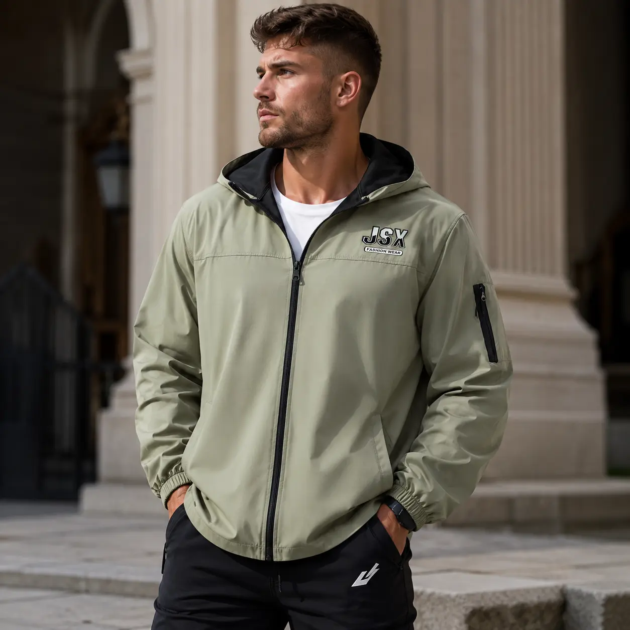 Men's Windbreaker Jacket Lightweight Hooded Water Resistant Active Running Coats With Sleeve Zipper Pocket JSX Letter Print Embroidery Athletic Gym Sports Outdoor Windproof Outerwear Tops Green Sage Olive Streetwear Techwear Casual Clothing clean