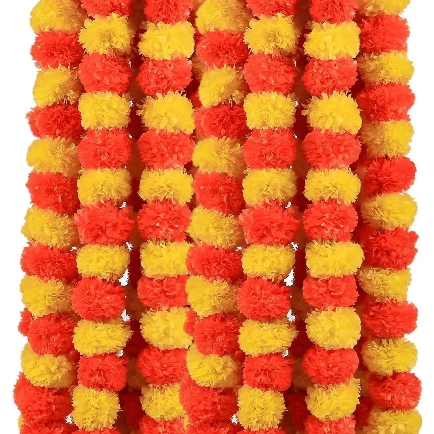 Artificial Marigold Garland for Decoration – 5 Pcs Artificial Genda Phool Strings| 4.5 Ft Long Handmade Orange Yellow Marigold Flowers| Toran for Pooja, Wedding, Diwali, Christmas, Festival Décor
