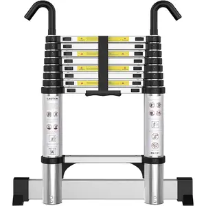 Telescoping Ladder with Hooks 8.5 FT -  Telescopic Ladder with Stabilizer - Retractable Extension Ladders for  Loft Roof RV Work with EN131 Certification - 330lbs Max Capacity
