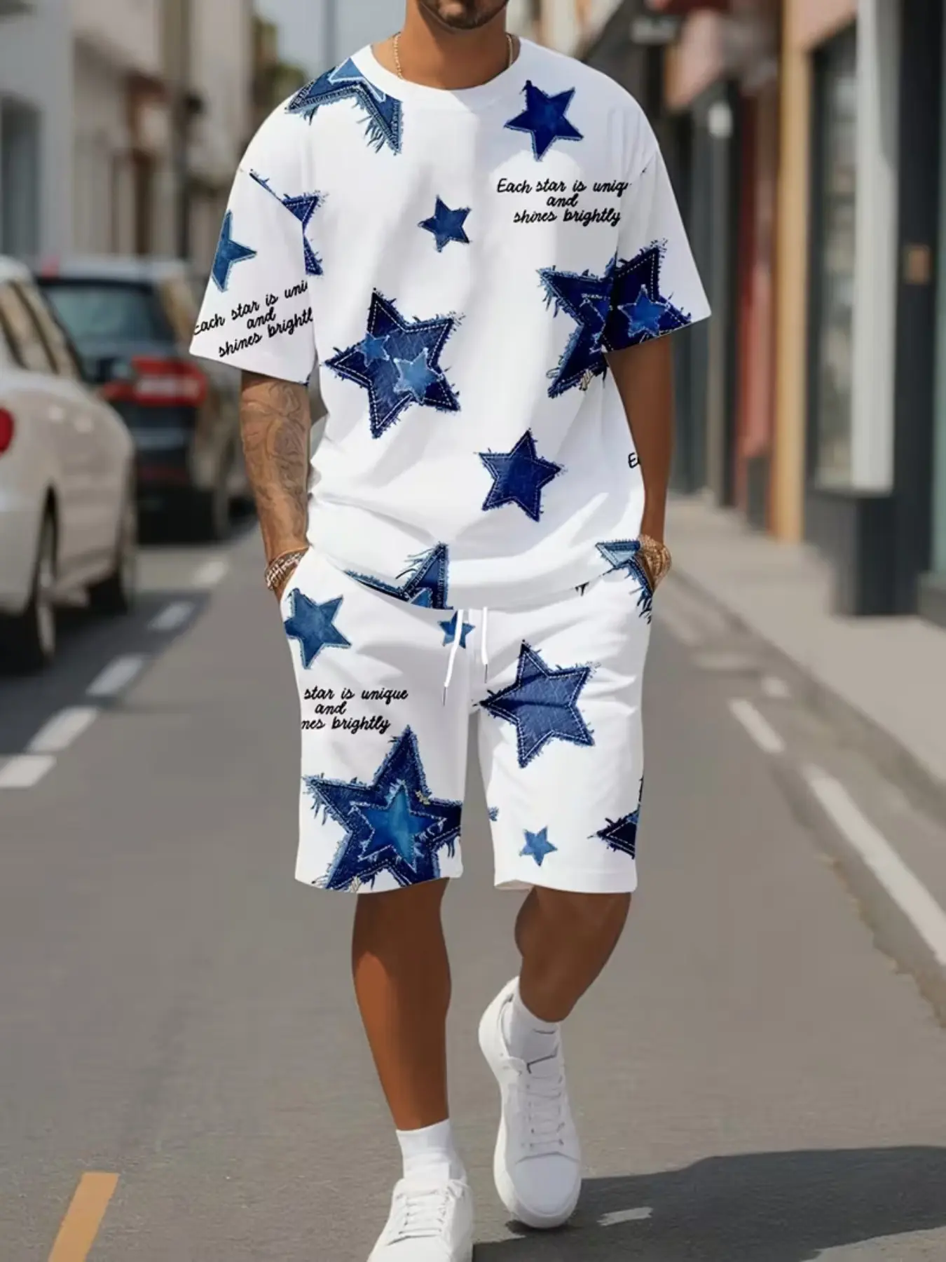 Clear Cold Star Dressing, Vintage Frayed Edge Denim Star Print Set, Refreshing Boys' Summer Vacation Casual