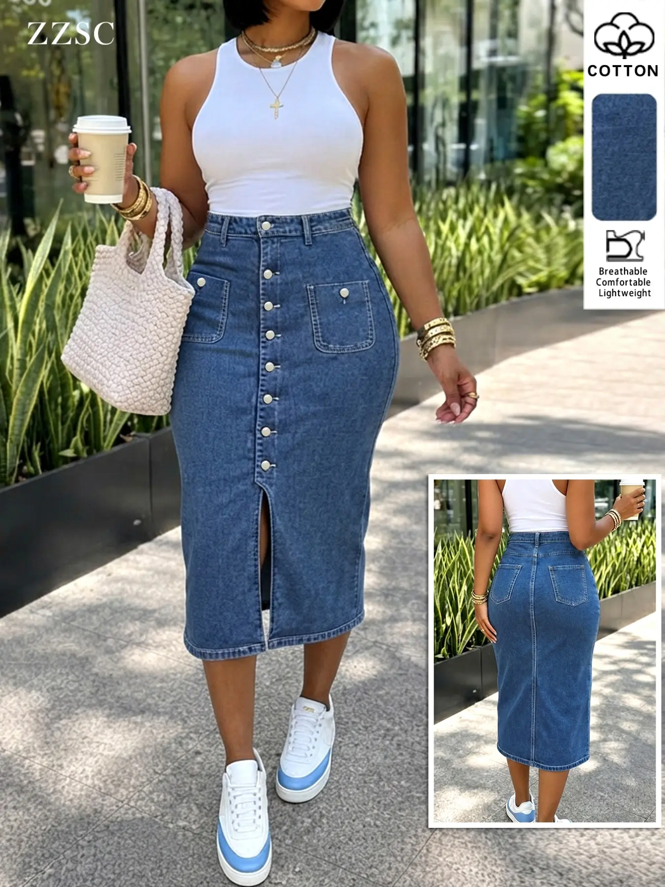 Spring Summer Versatile Skirt, High Waist Zipper Split Denim Midi Skirt, Slimming Bodycon Half Skirt, Elegant Fitted Skirt, Elegant Casual Wear
