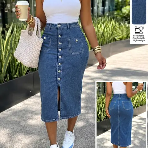 Women's High-Waist Button-Front Denim Midi Skirt, Slim Straight-Fit Split Skirt, Casual Elegant Spring Summer Wear Everyday