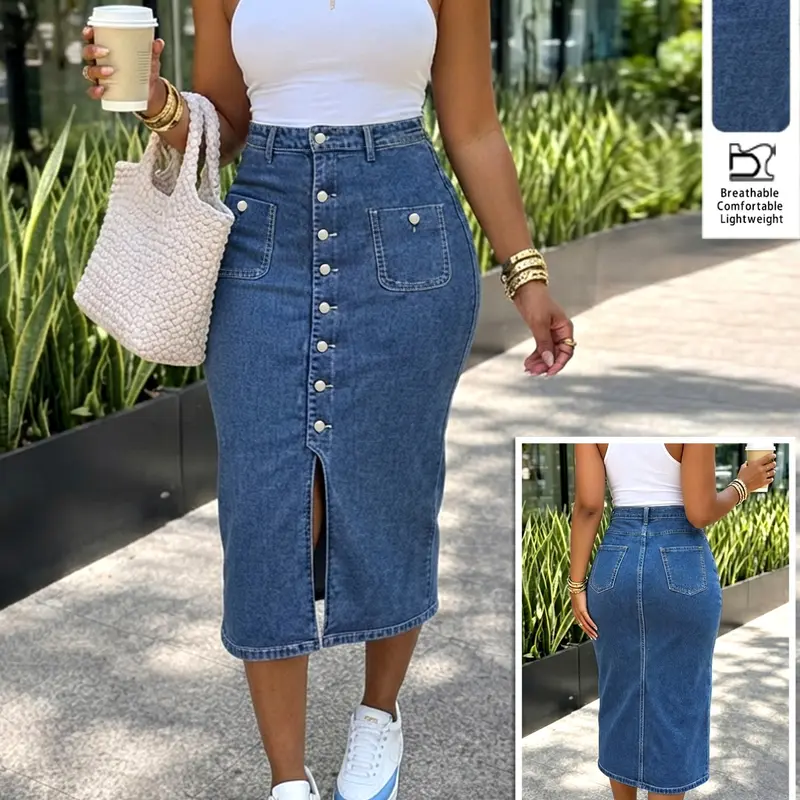 Women's High-Waist Button-Front Denim Midi Skirt, Slim Straight-Fit Split Skirt, Casual Elegant Spring Summer Wear Everyday