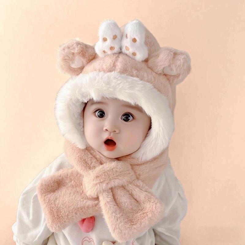 ' Bear Ear Hat & Scarf Combo - Pink Plush Winter Beanie with Earmuffs, Bunny-like Ears & Bow-like Collar - Soft Snug-Fit for, - Cozy Unisex Outfit for Christmas, Trips & Daily Cold Weather (No Neck