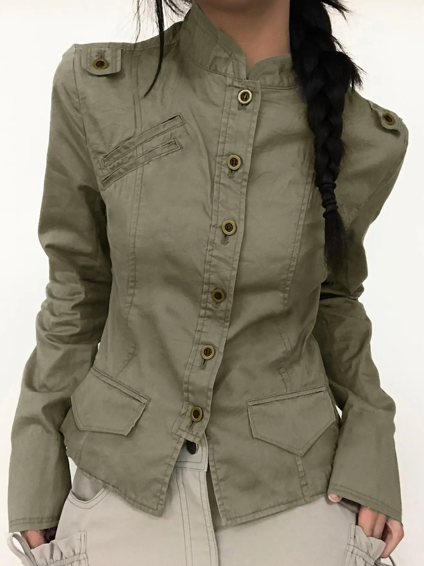 Spring & Fall Women's Military Workwear Jacket, Stand Collar Waist Cinched Slim Fit American Vintage Long Sleeve Coat, Fall Jackets, Autumn Outerwear