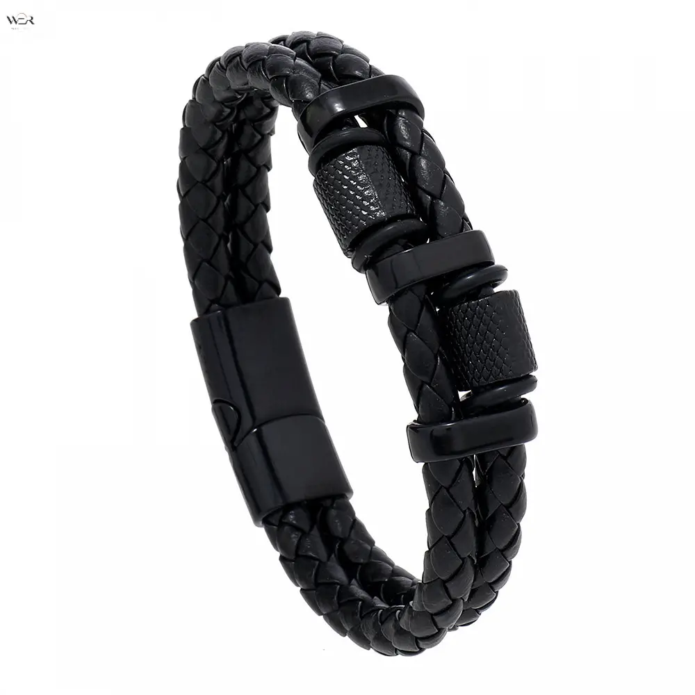 Men Double Row Braided Leather Bracelet, 21cm Classic Wristband, 2 Color Options Silver Stainless Steel / All Black Clasp, Vintage Punk Daily Jewelry Gift for Him
