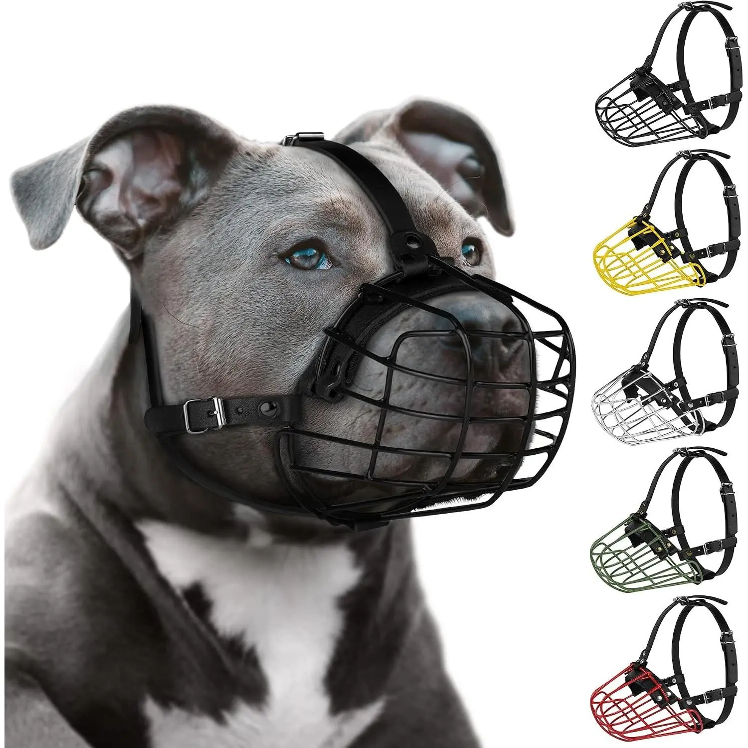 Metal Basket Dog Muzzle for Large Dogs - Adjustable Strap, Durable Leather Straps, Secure Fit for Pitbull & Amstaff, Safety Control (Black)